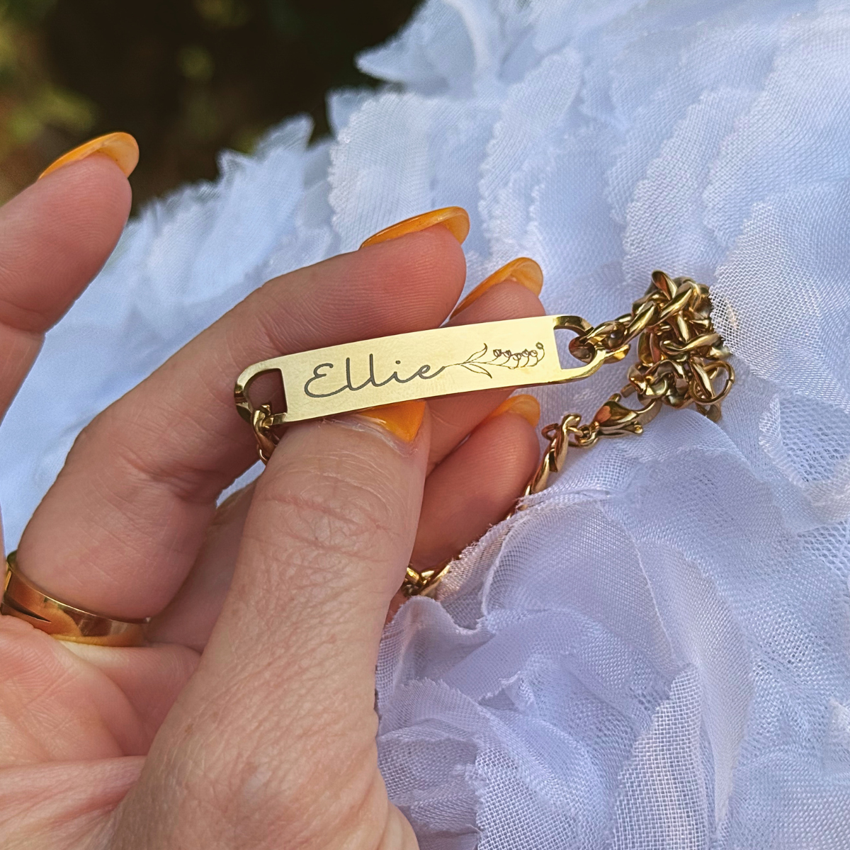 Birth Flower Curved Bar Bracelet