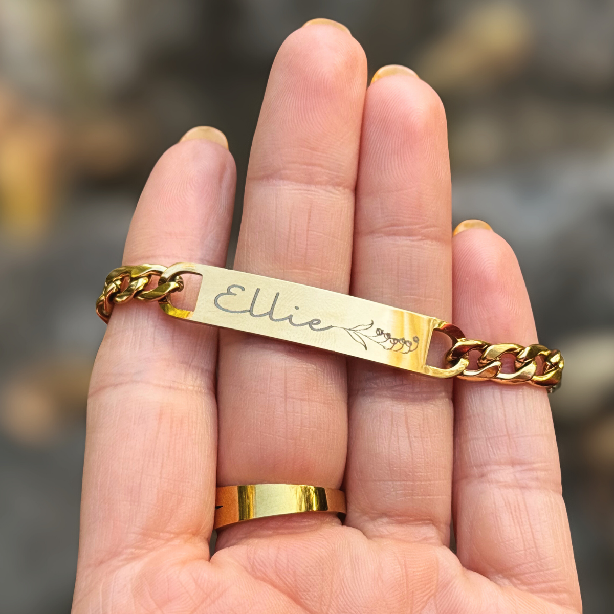 Birth Flower Curved Bar Bracelet