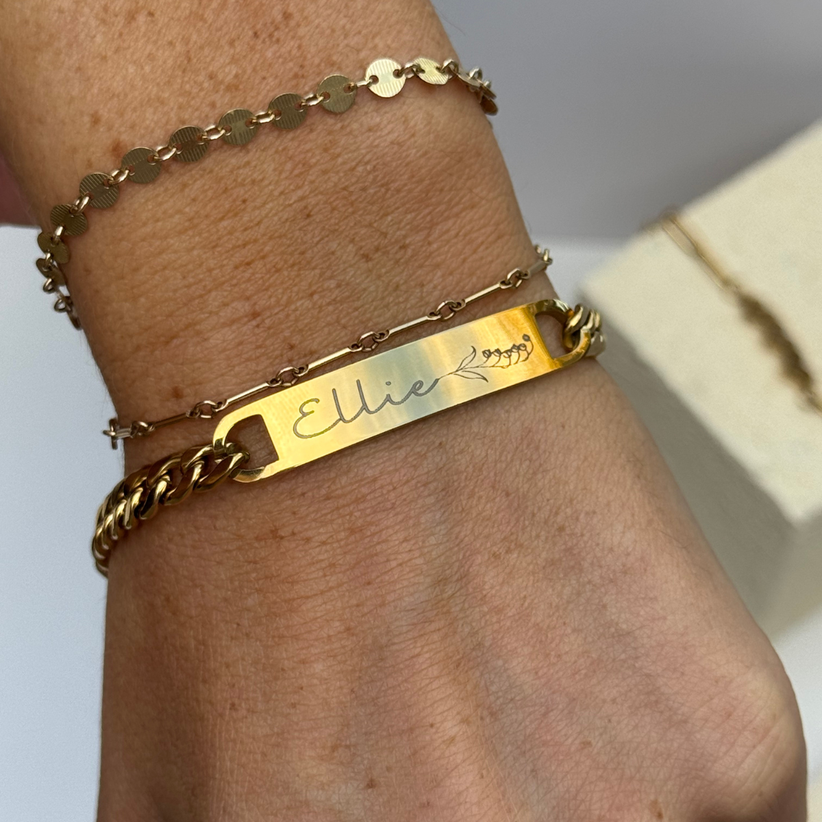 Birth Flower Curved Bar Bracelet